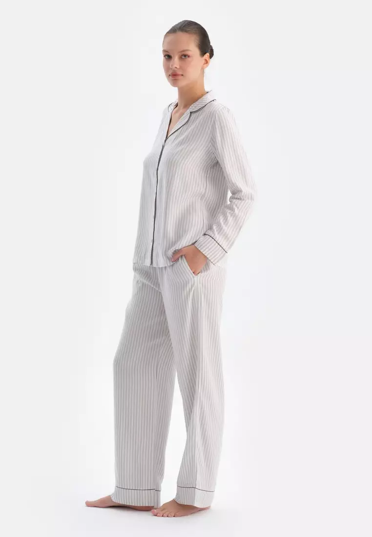 White Shirt, Striped, Regular Fit, Long Sleeve Sleepwear for Women
