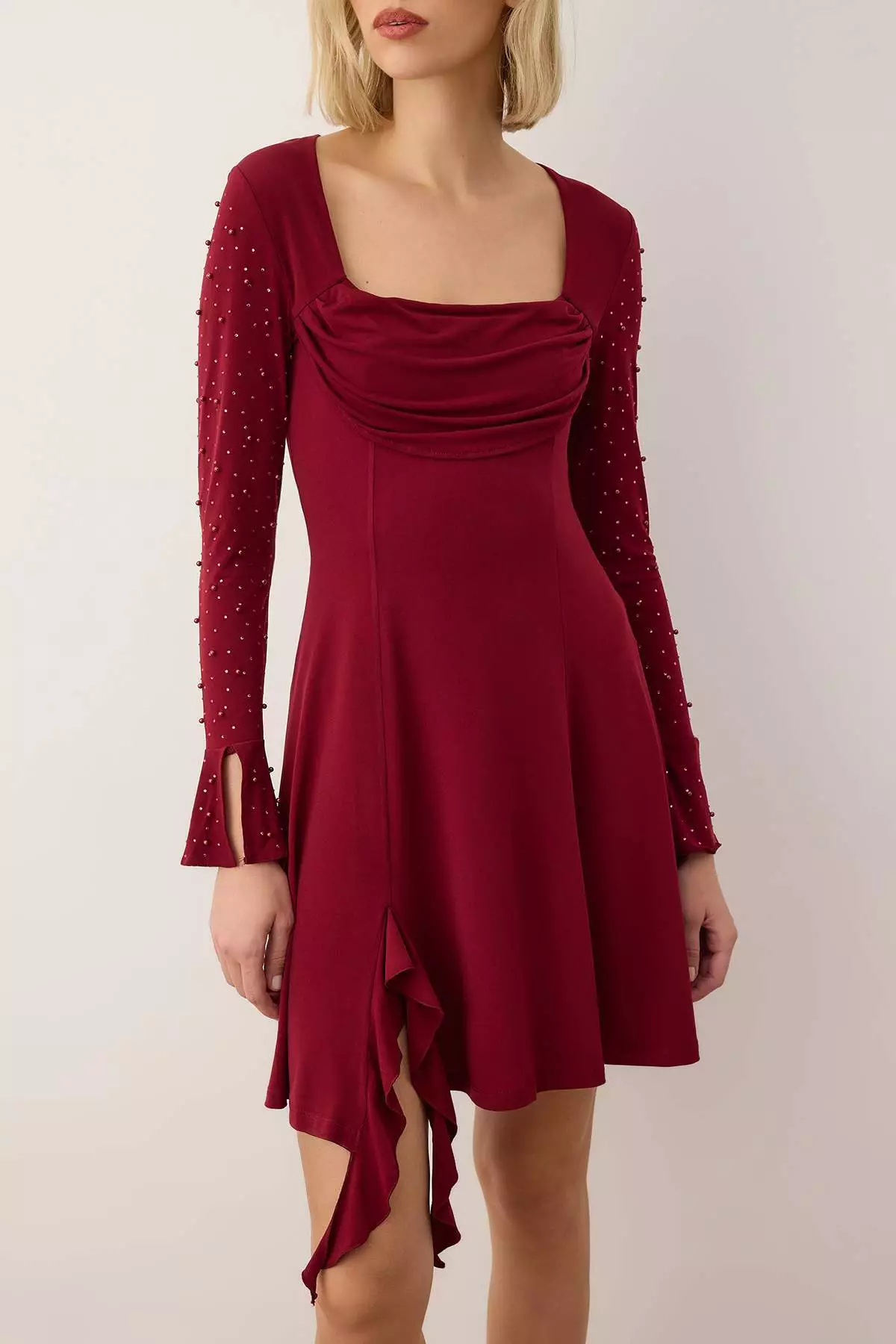 Burgundy Knitted Short Stylish Evening Dress With Pearl Accessories Night Homecoming Dress Tpraw24El00259