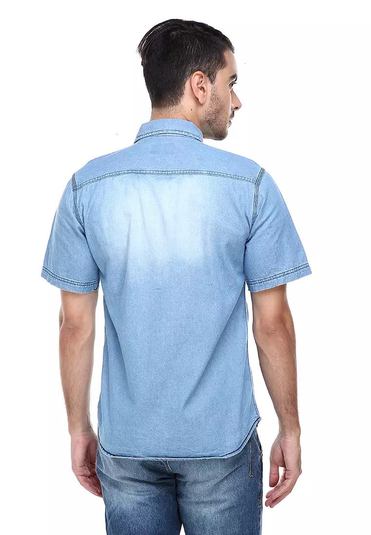 Dwan Casual Shirt Baju Kemeja Jeans Pria Lengan Pendek Material Denim ORIGINAL - Light Blue