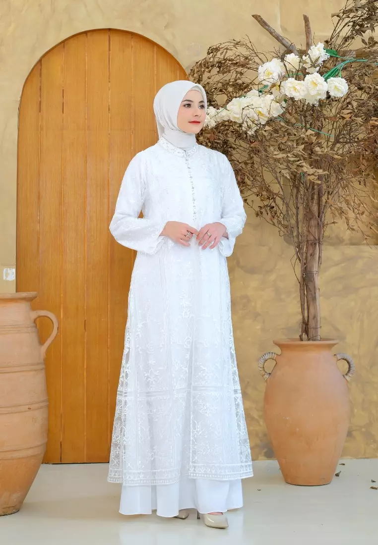 Mosleem Long Dress White Payet Elegan By Briiliant Girl Warna Putih