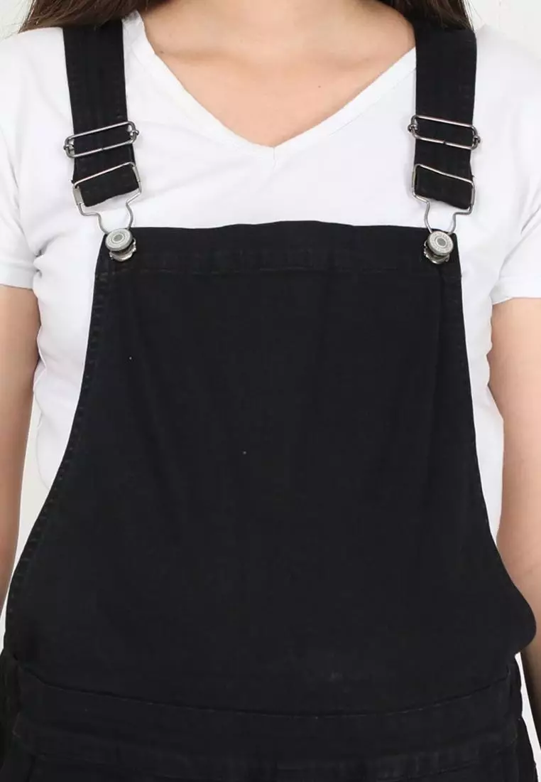 帶有彈性腰部的孕婦牛仔背帶褲 黑色