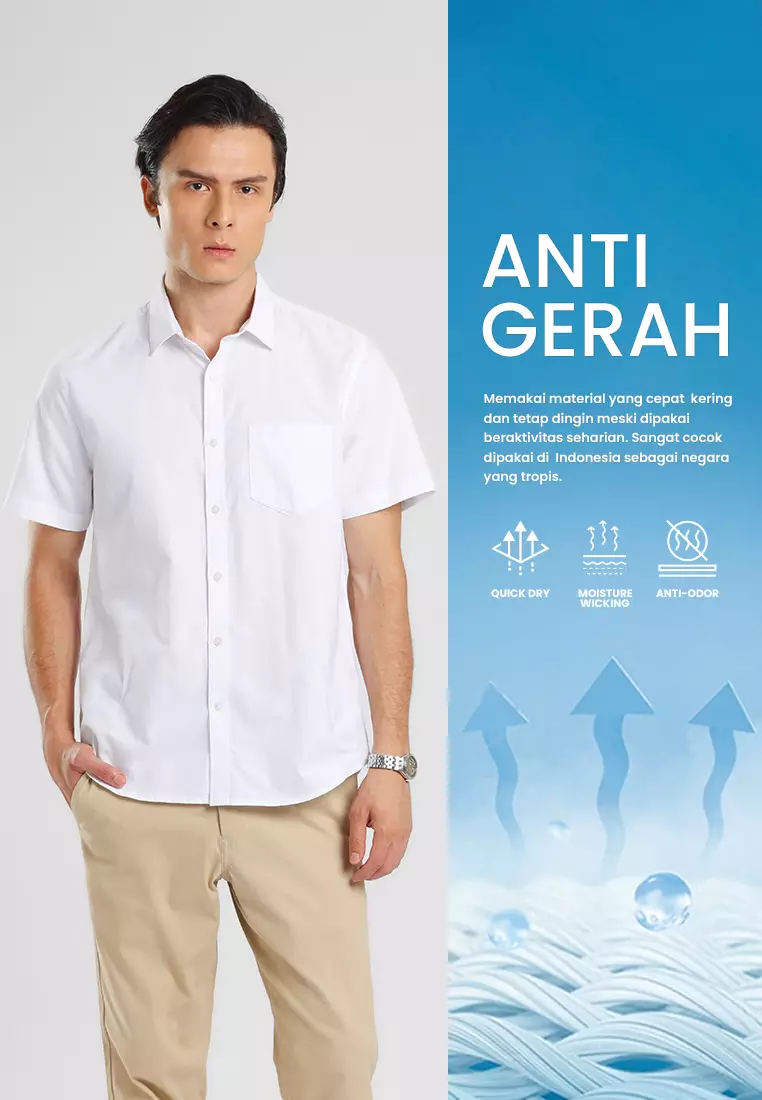 MANZONE - Kemeja Oxford Quick Dry Lengan Pendek Pria Jaxen 02 Modern Fit - White Warna White