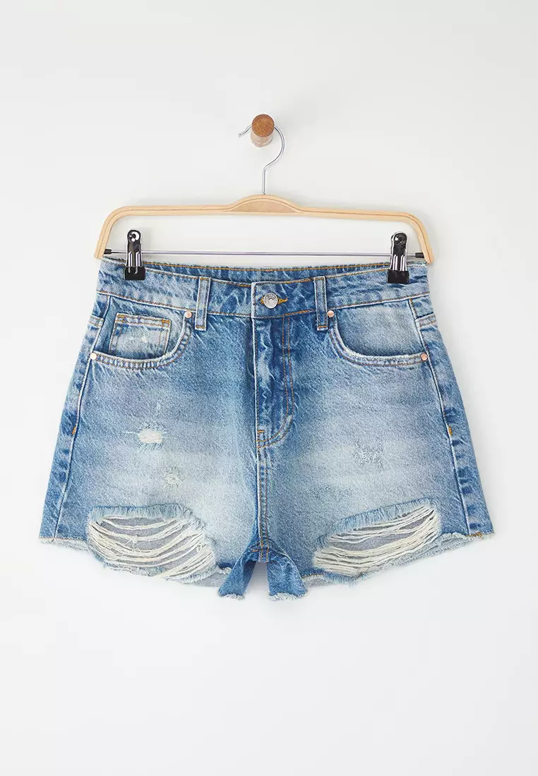 Light Blue High Waist Ripped Detail Mini Denim Shorts TWOSS25SR00171