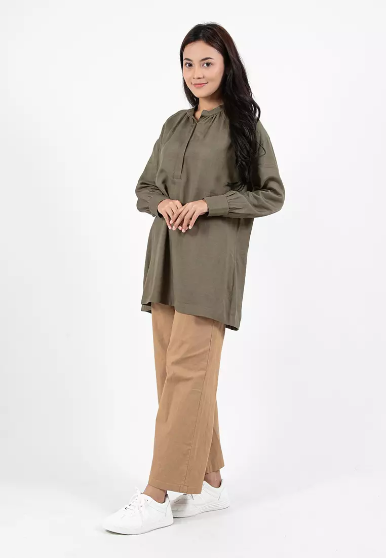 Forest Ladies Linen Oversized Band Collar Plain Blouse Women Long Sleeve Tunic | Baju Perempuan - 822391-48Olive