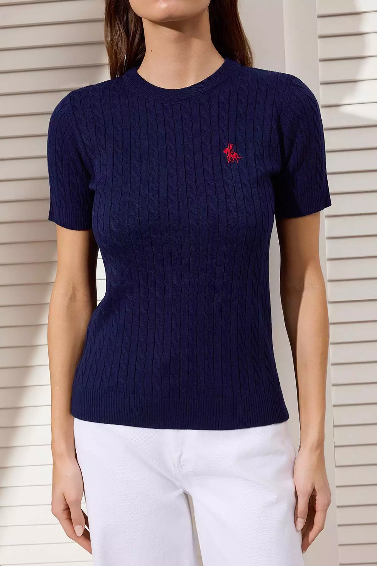 Navy Blue Horse Embroidered Hair Knitwear Blouse Twoss26Bz137