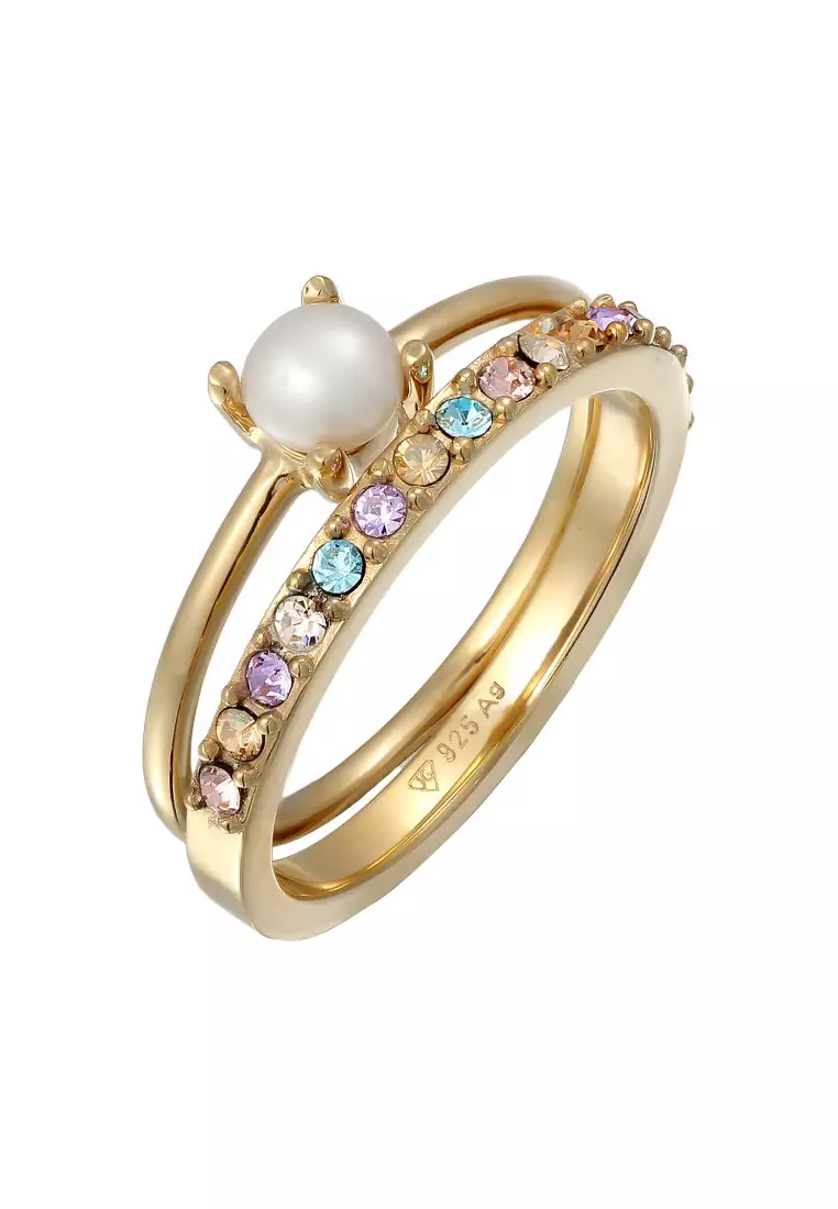 Cincin Perhiasan Perak 925 Wanita Symbol Set with Pearls Crystals Gold Plated