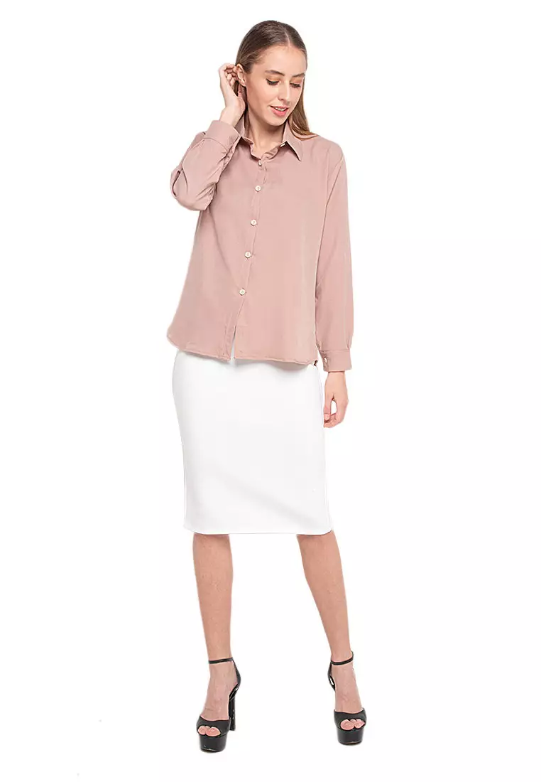Oriel Kemeja Atasan Lengan Panjang Shirt Wanita Design Basic Polos Regular Fit - Cappucino