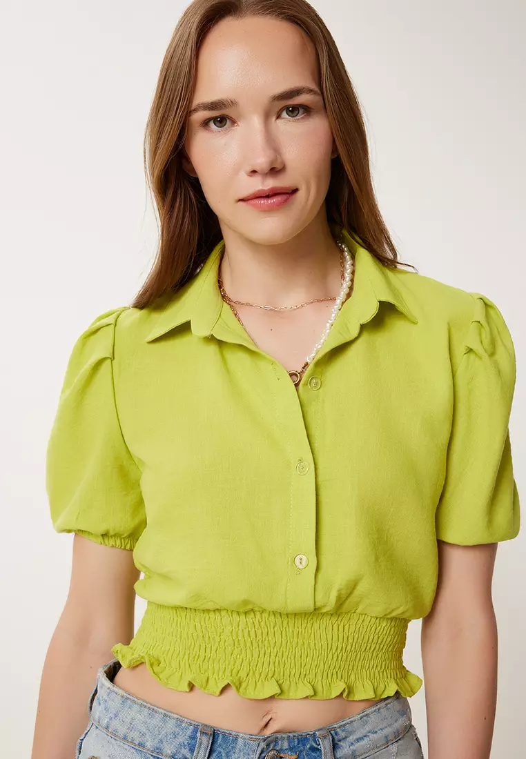 Women's Oil Green Balloon Sleeve Linen Crop Shirt Blouse Tp00081