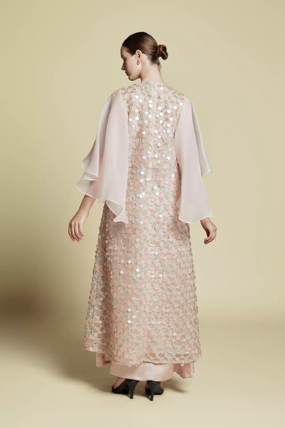 Demure Signature - Ethereal Embroidered Tulle  kaftan Dress Light Pink