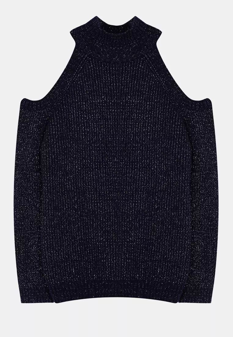 Navy Blue Glitter Cut Out Detailed Knitwear Sweater