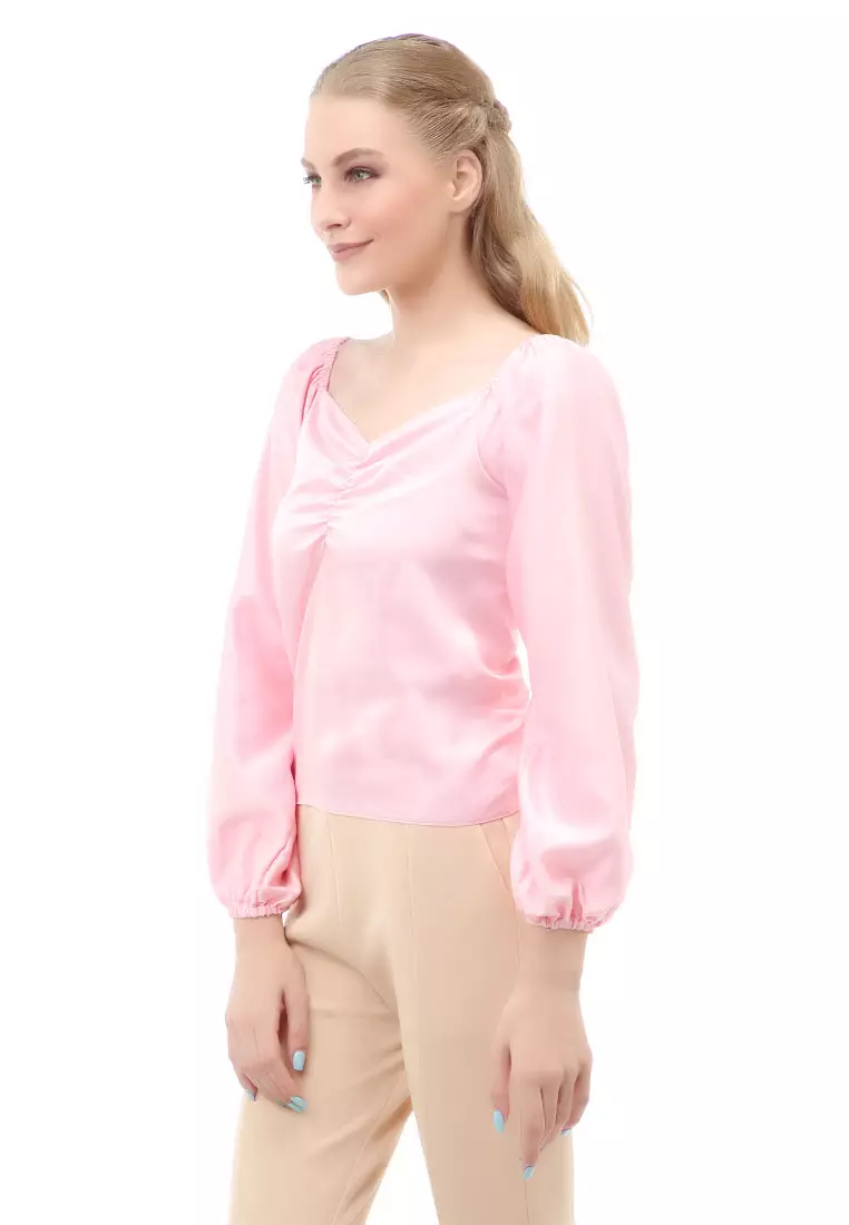 Cheva Blouse Casual Wanita Sabrina Kerut Dada Lengan Panjang Material Satin ORIGINAL - Pink