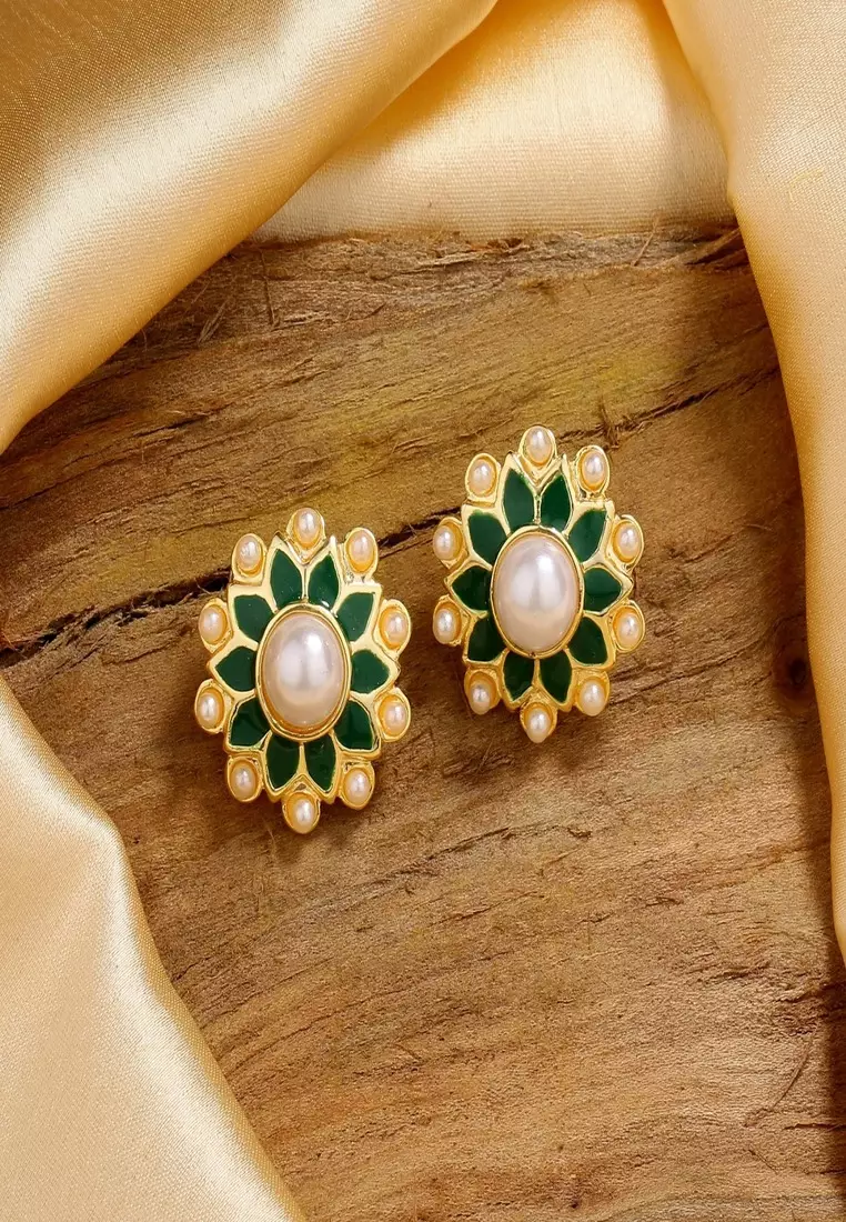 Estele Gold Plated Fascinating Meenakari Pearl Stud Earrings With Green Enamel For Women