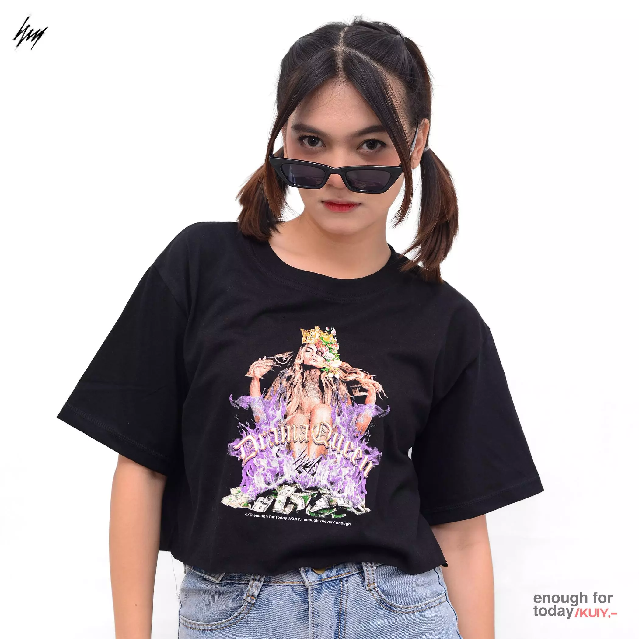 Enough For Today Kaos Crop Top Oversize Hitam Sablon Drama Queen | Crop Graphic Tshirt Wanita