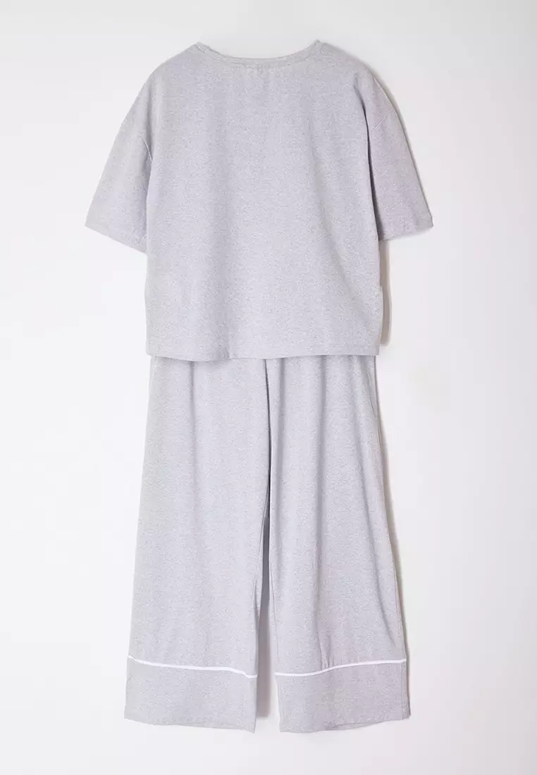 Grey Printed Wide Leg Crop Boy Knitted Pajama Set TBBAW23AI00040