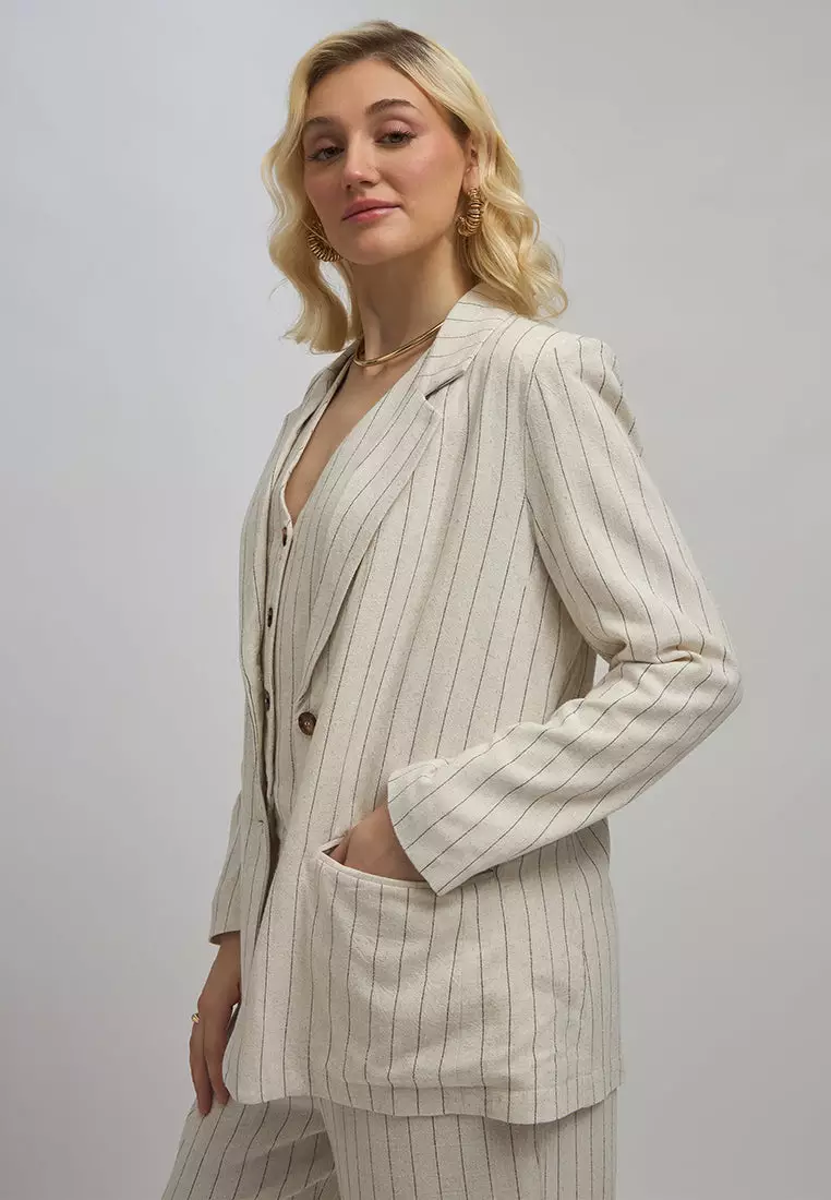VIRGIO Linen Pinstripe Long Sleeve Blazer