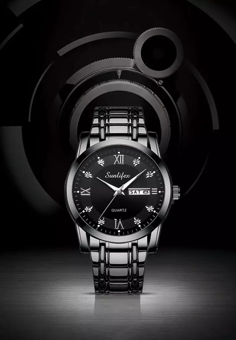 Jam Tangan Pria 9010 Kalender Kuarsa Tali Stainless Steel Bisnis Santai Jam Tangan Cowok allblack