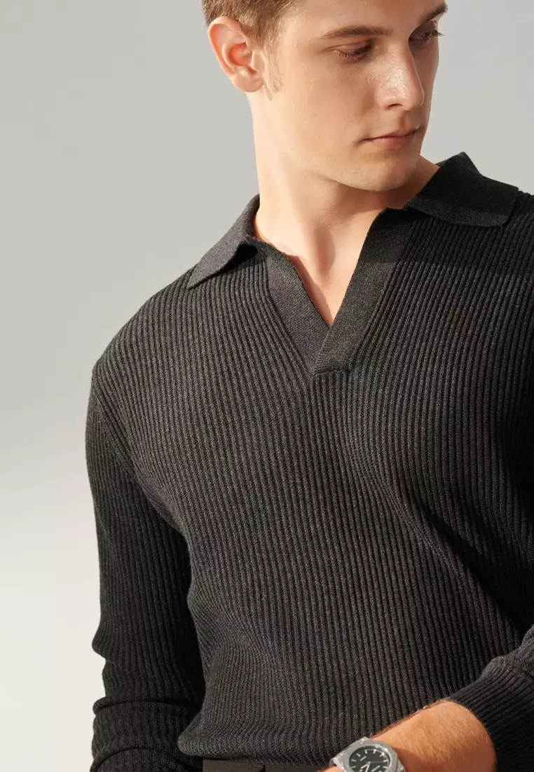 Dark Gray V-neck Vertical Stripe Textured Knitted Sweater