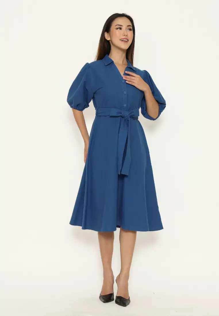 Urban Exchange Scarlet Dress Blue - Midi Dress Linen Warna Blue