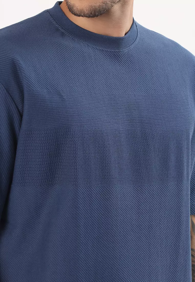 纹理蓝色棉质宽松T恤/T恤衫，圆领，短袖，休闲装、运动装、街头服饰