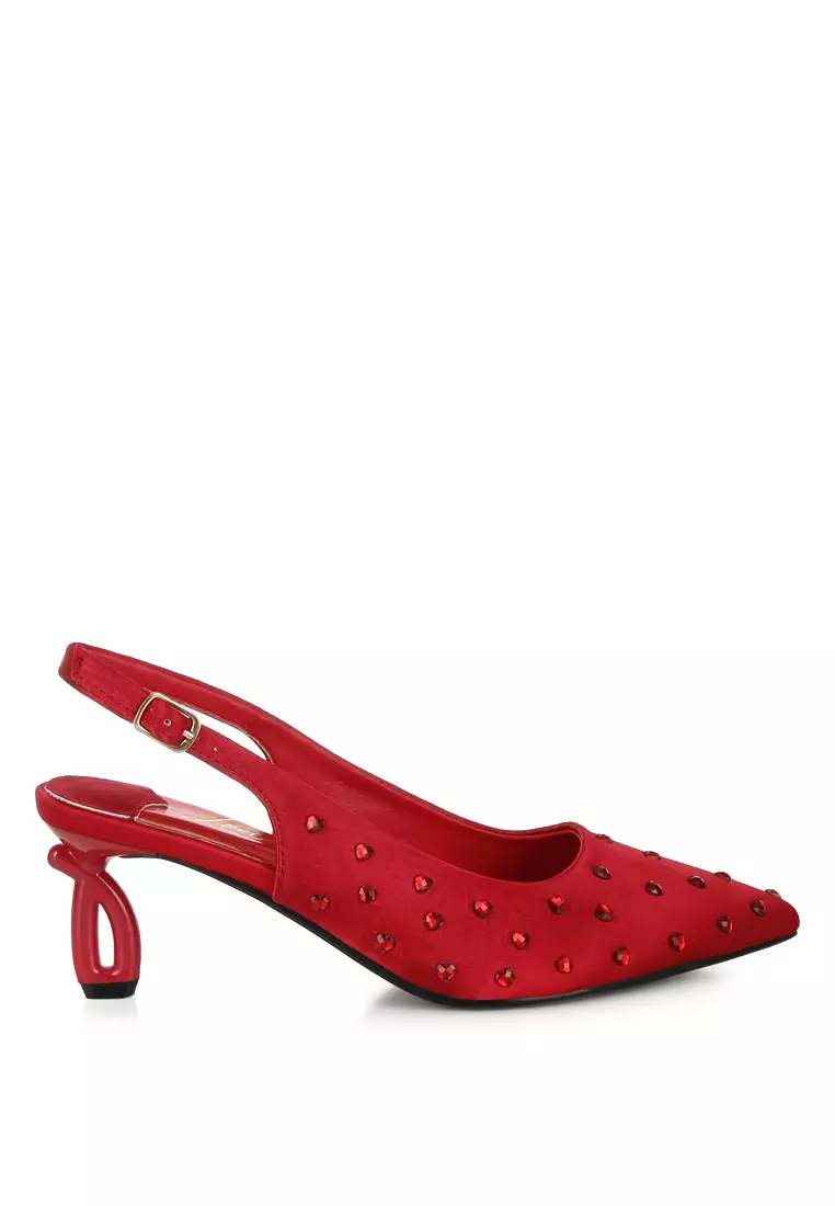 Discount on London Rag  shoes - SKU: Heart-Shaped Rhinestone Studded Slingbacks in Burgundy