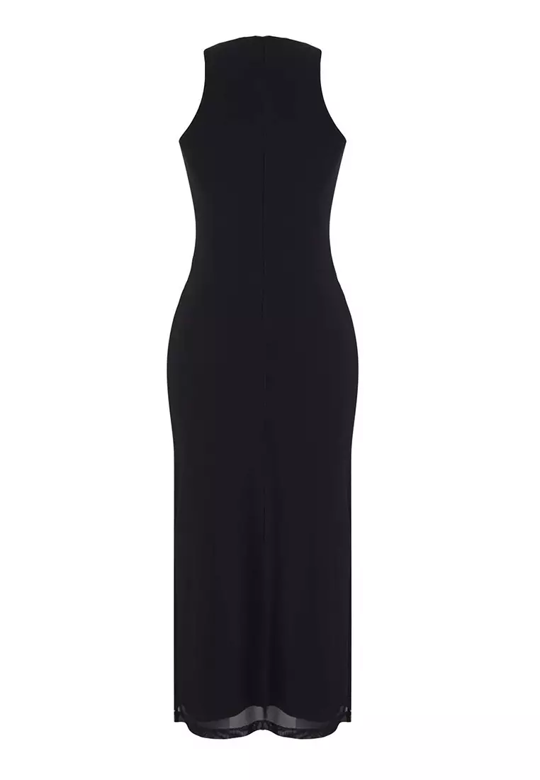 Black Floral Bodycon Knitted Tulle Midi Lined Graduation/Prom Dress