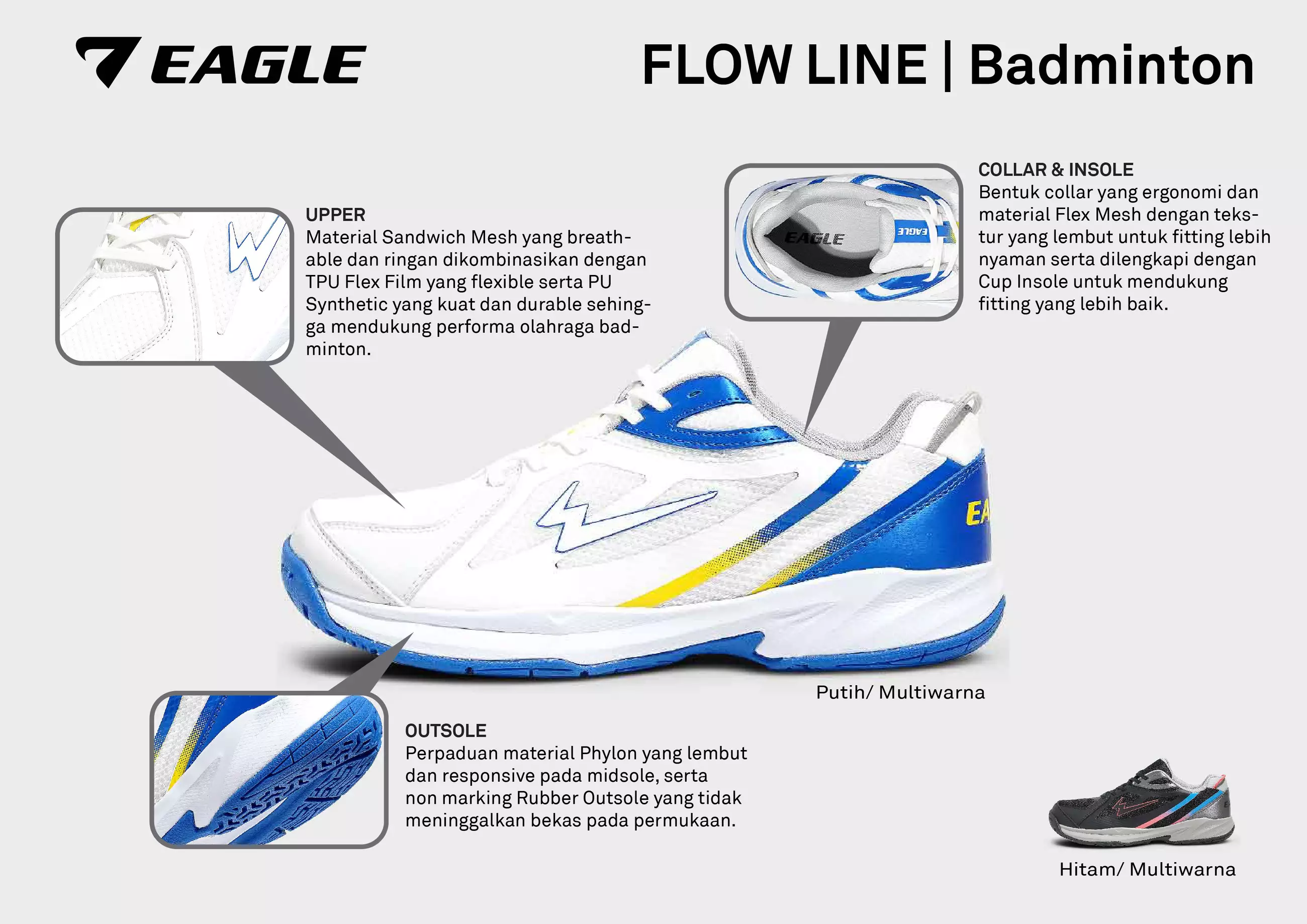 Eagle Sepatu Badminton FlowLine - PUTIH/MULTIWARNA