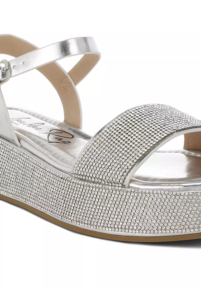 Rhinestone Embellished Flatform Sandals in Silver