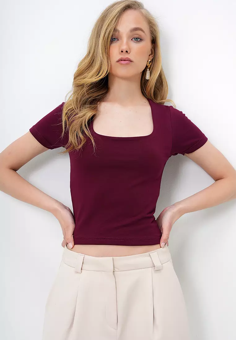 Women's Burgundy Square Collar Lycra Jumpsuit Double Fabric Crop Blouse Alc-X13903