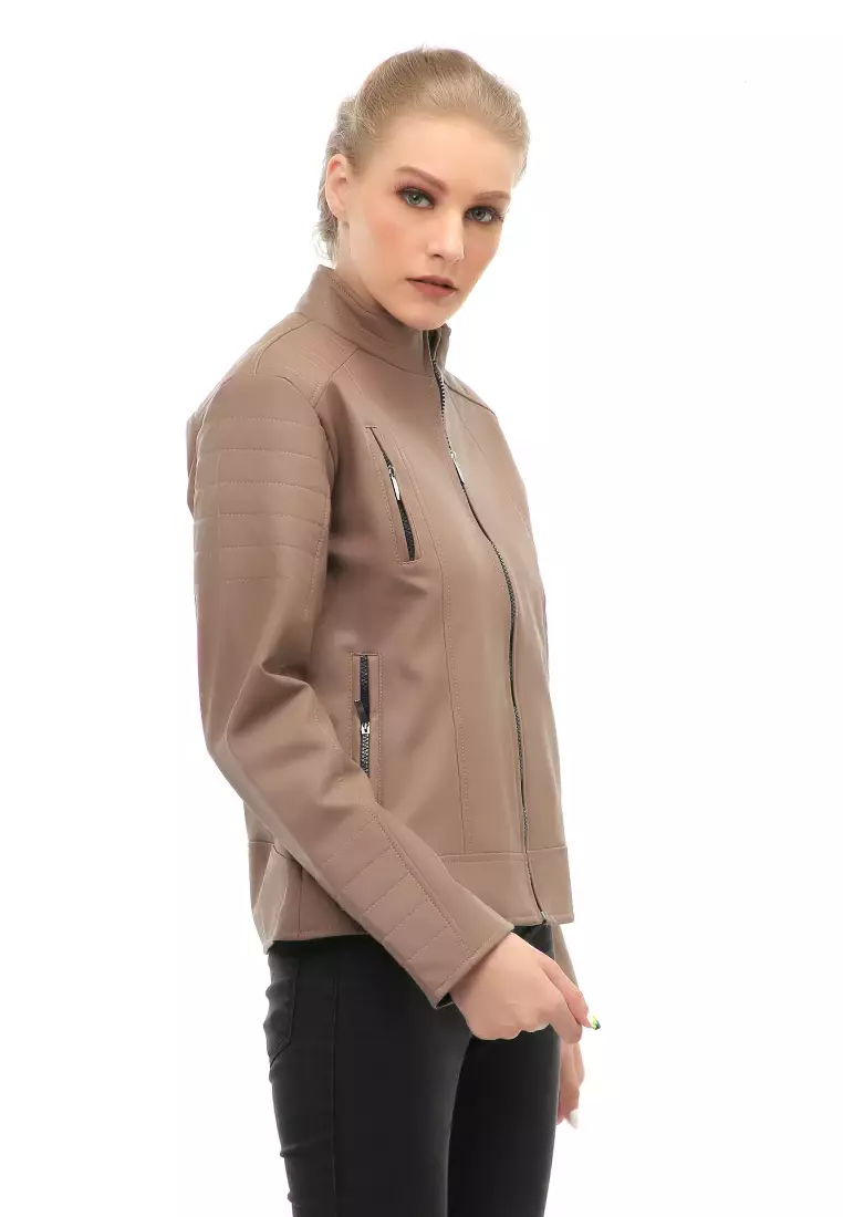 Glenice Jacket Outer Wanita Jaket Kulit Casual Simple Design Material Leather ORIGINAL - Mocca