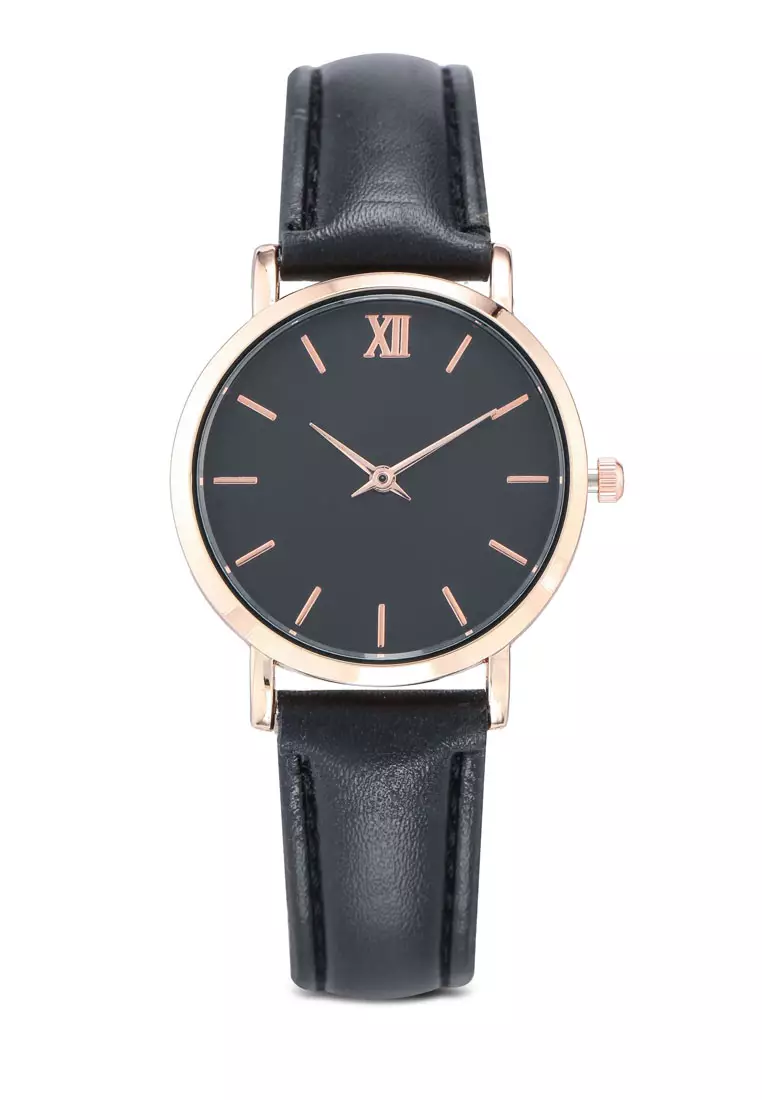 Round Face Gold Black And Black Strap Watch