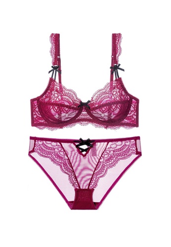 XAFITI red Women's French Style Summer Sexy See-through Lace Lingerie Set (Bra and Underwear) - Wine Red F4B99US6BB134DGS_1