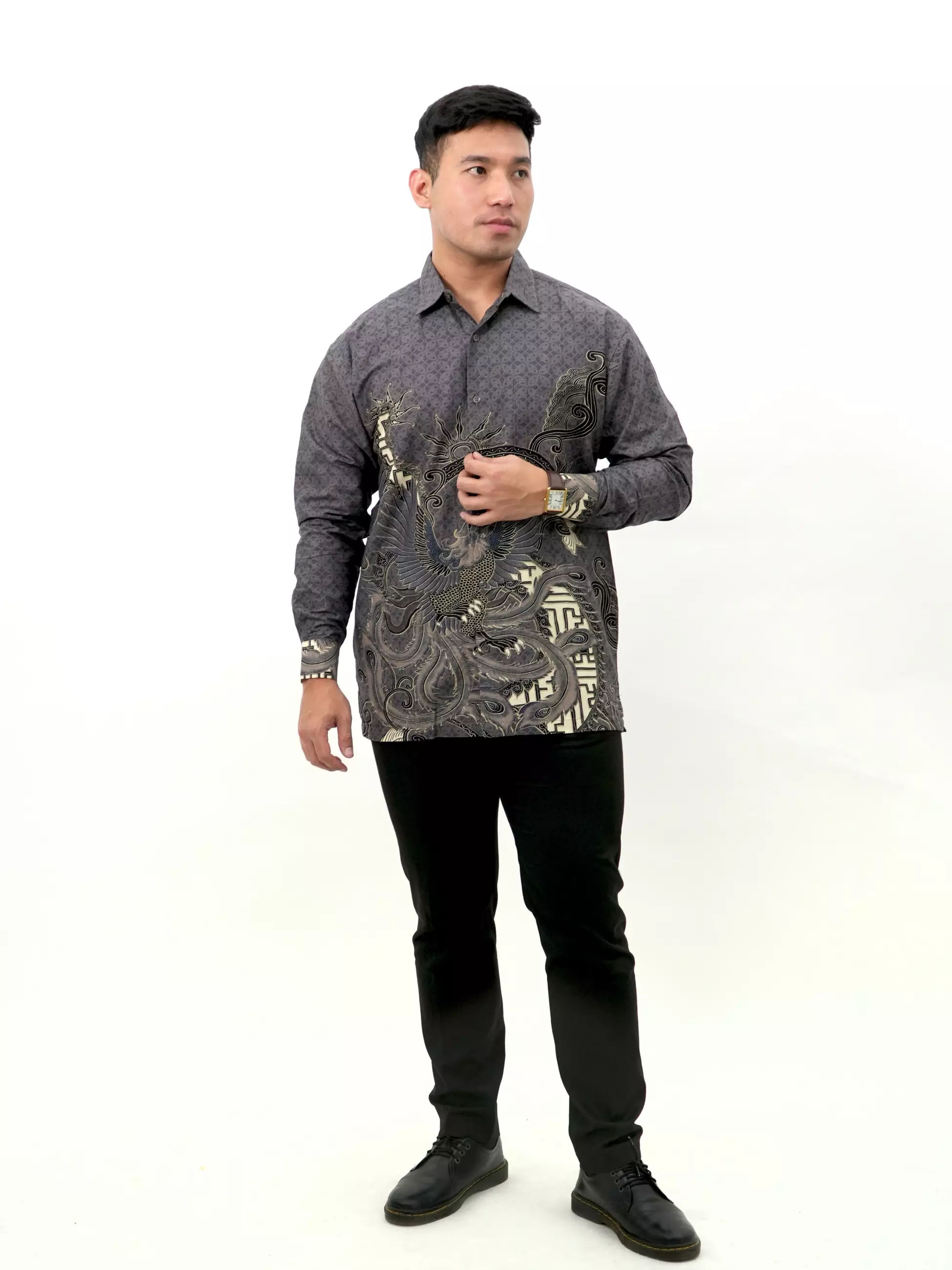 Kemeja Batik Lengan Panjang Abu Motif Burung 16807