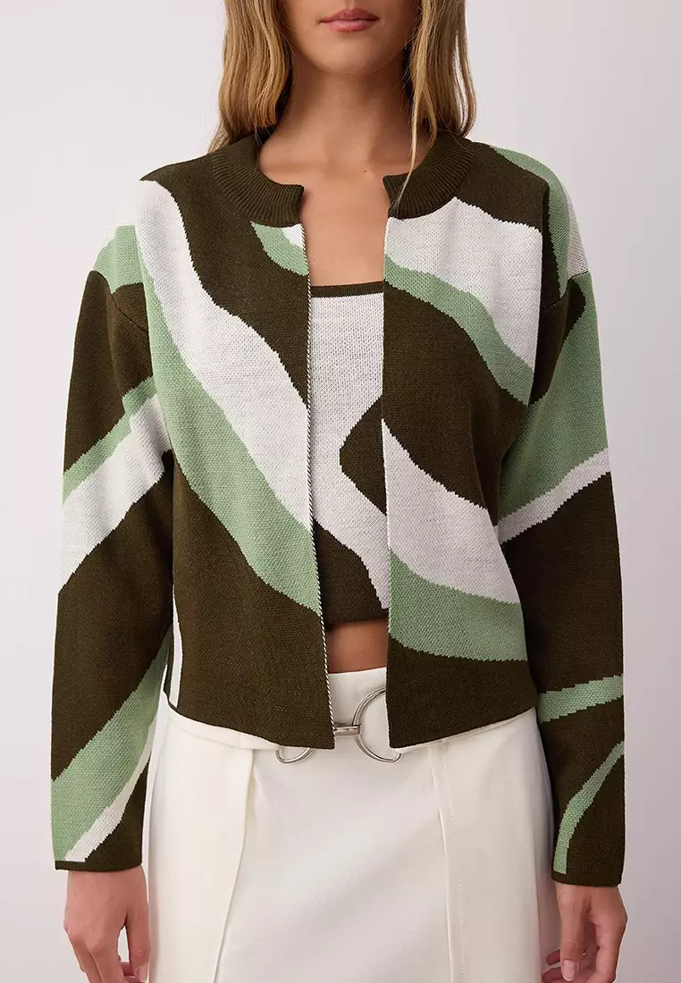 Green Patterned 2 Piece Blouse Cardigan Knitwear Cardigan