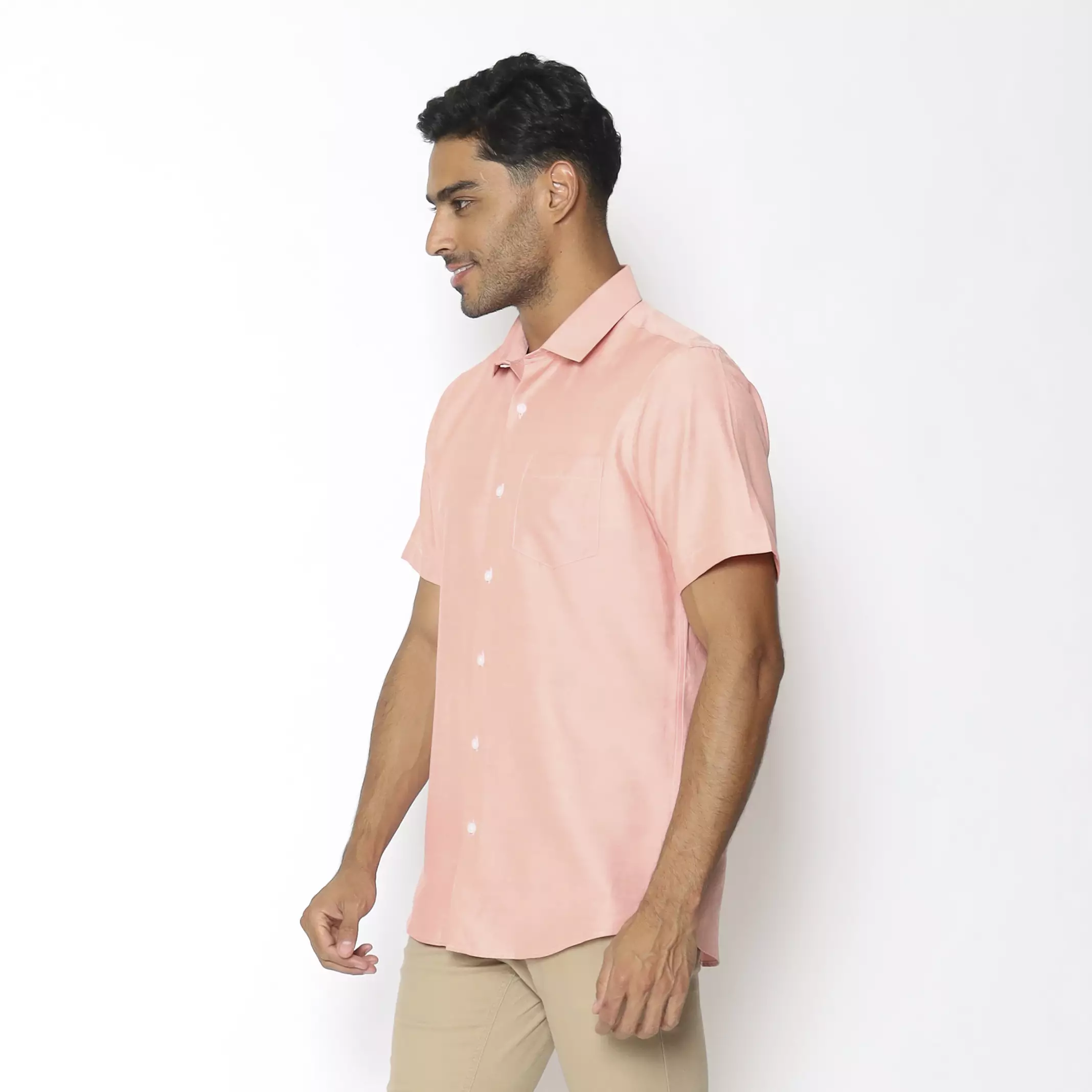 MAGINOT Kemeja Pria Basic Stripe Pendek SALMON