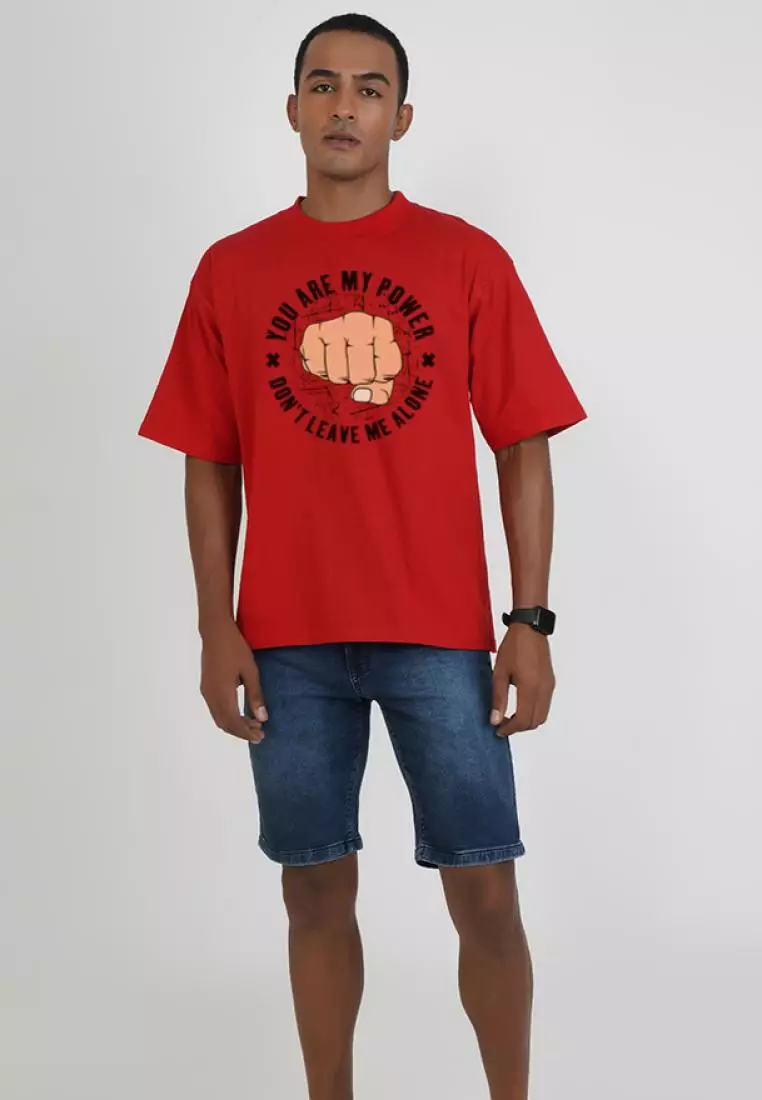 大码 Your are my power 红色棉质短袖宽松 T 恤