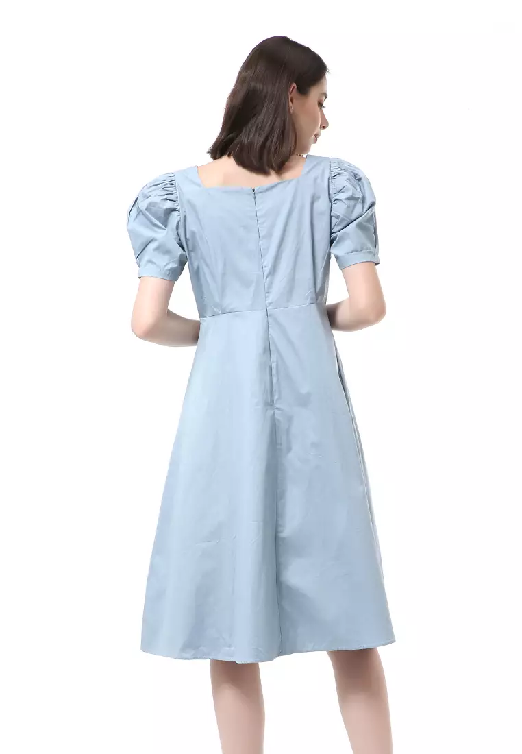 Rachel Dress Wanita Lengan Pendek Model Puffy Plain Motive Material Cotton ORIGINAL - Blue