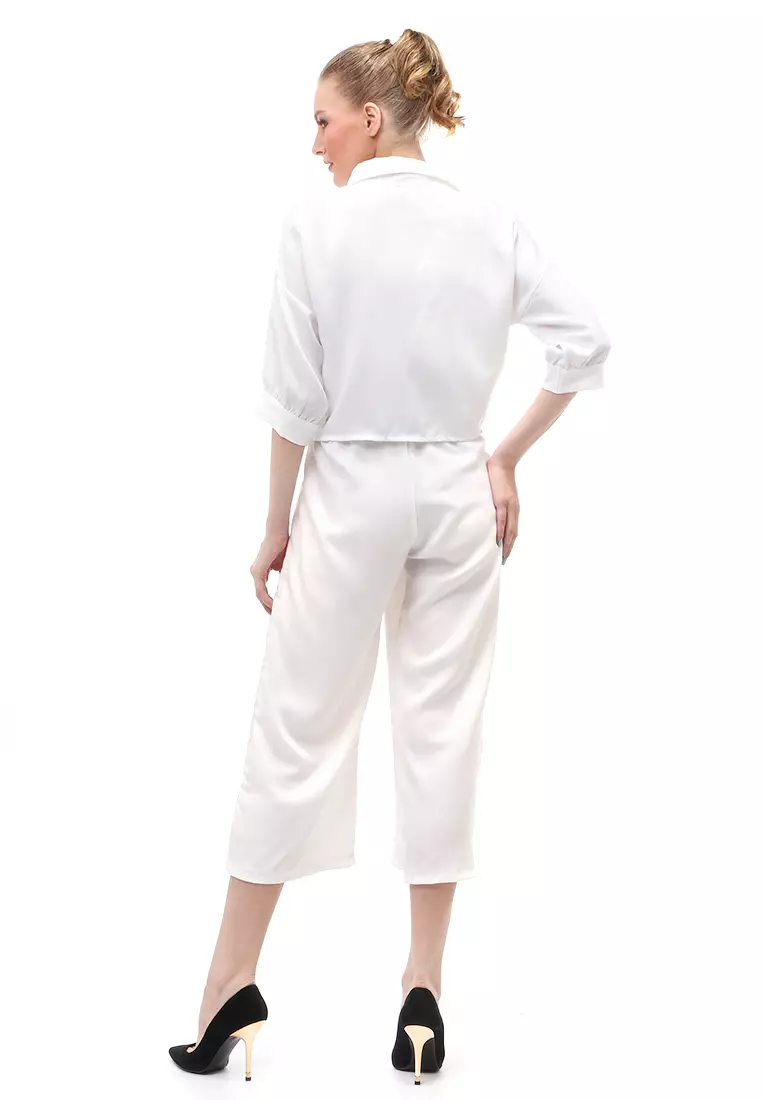 Jumpsuit Wanita Casual Motif Solid Setelan Relaxed Fit - Putih