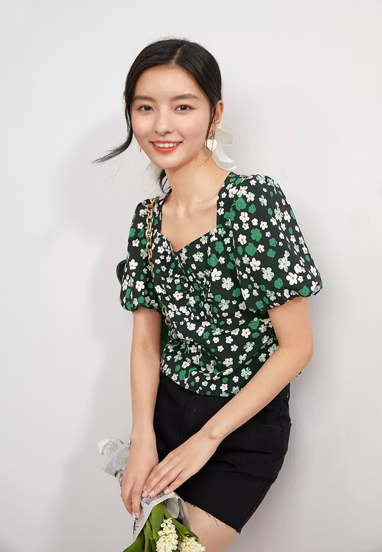 Puff Sleeve Square Collar Floral Blouse