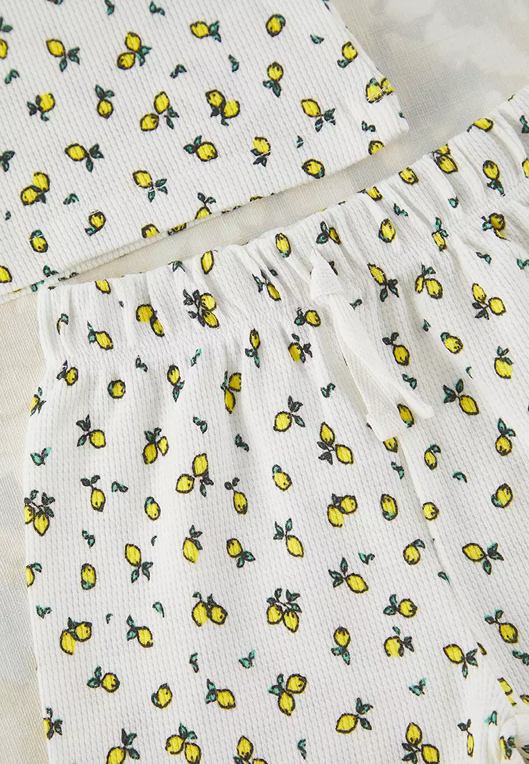 Baby Girl Ecru Cotton Lemon Printed Knitted Bottom-Top Set