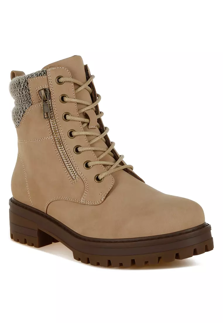 Knitted Collar Zip-Up Hiker Boots in Beige