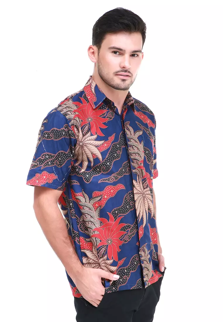 Dwan Kemeja Batik Pria Flora Atasan Formal Shortsleeve Shirt Material Cotton ORIGINAL - Blue