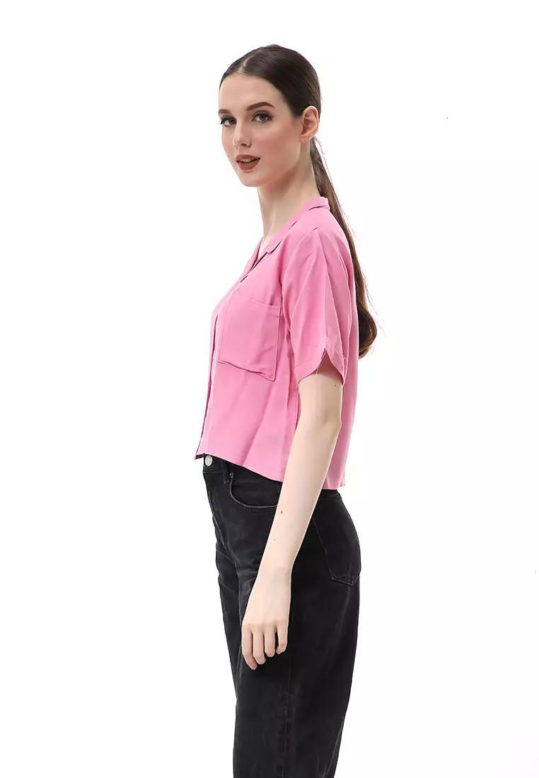 Melinda Kemeja Crop Top Atasan Wanita Motif Polos Relaxed Fit - Pink