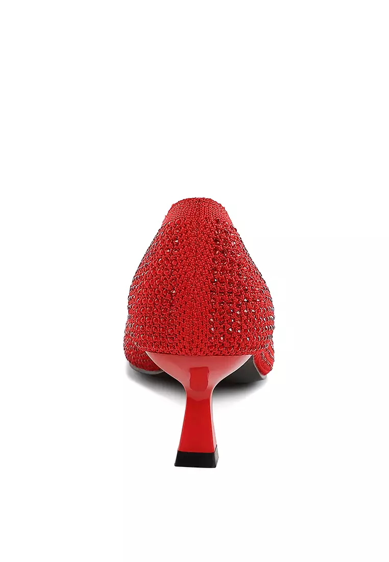 Sepatu Pumps Flyknit Rhinestone Bernapas dalam Warna Merah