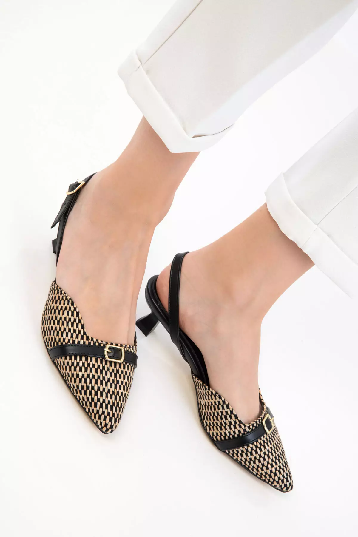 Black-Beige Women's Classic Heeled Shoes 20681