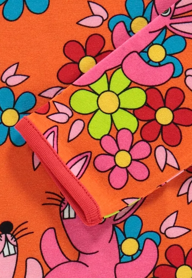 Long-sleeved baby body with rabbits and flowers