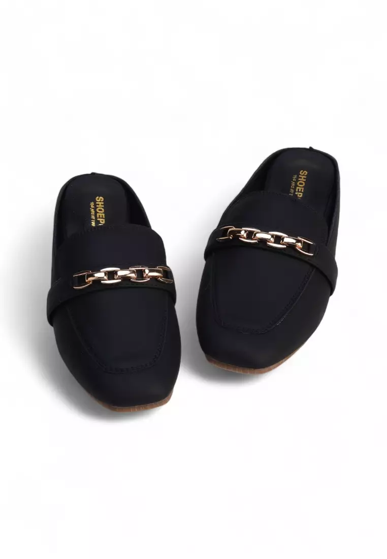 Valeria Chain Classic Low Heels Loafer Mules 89320 in Black