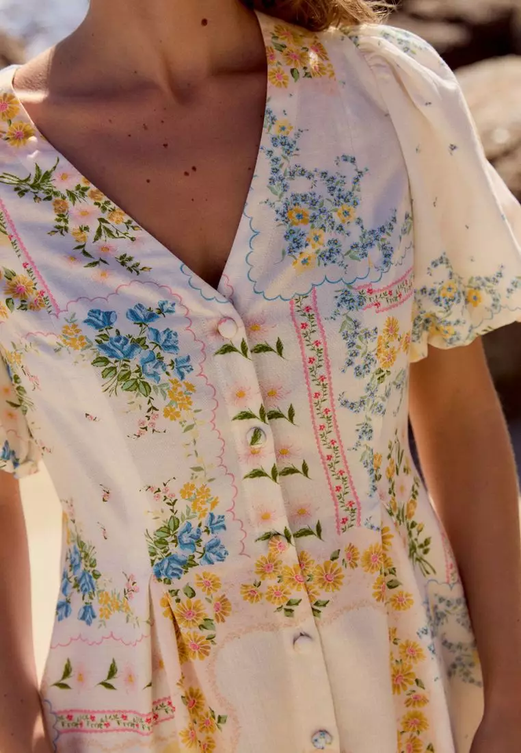 V-Neck Puff Sleeve Mini Dress with Linen