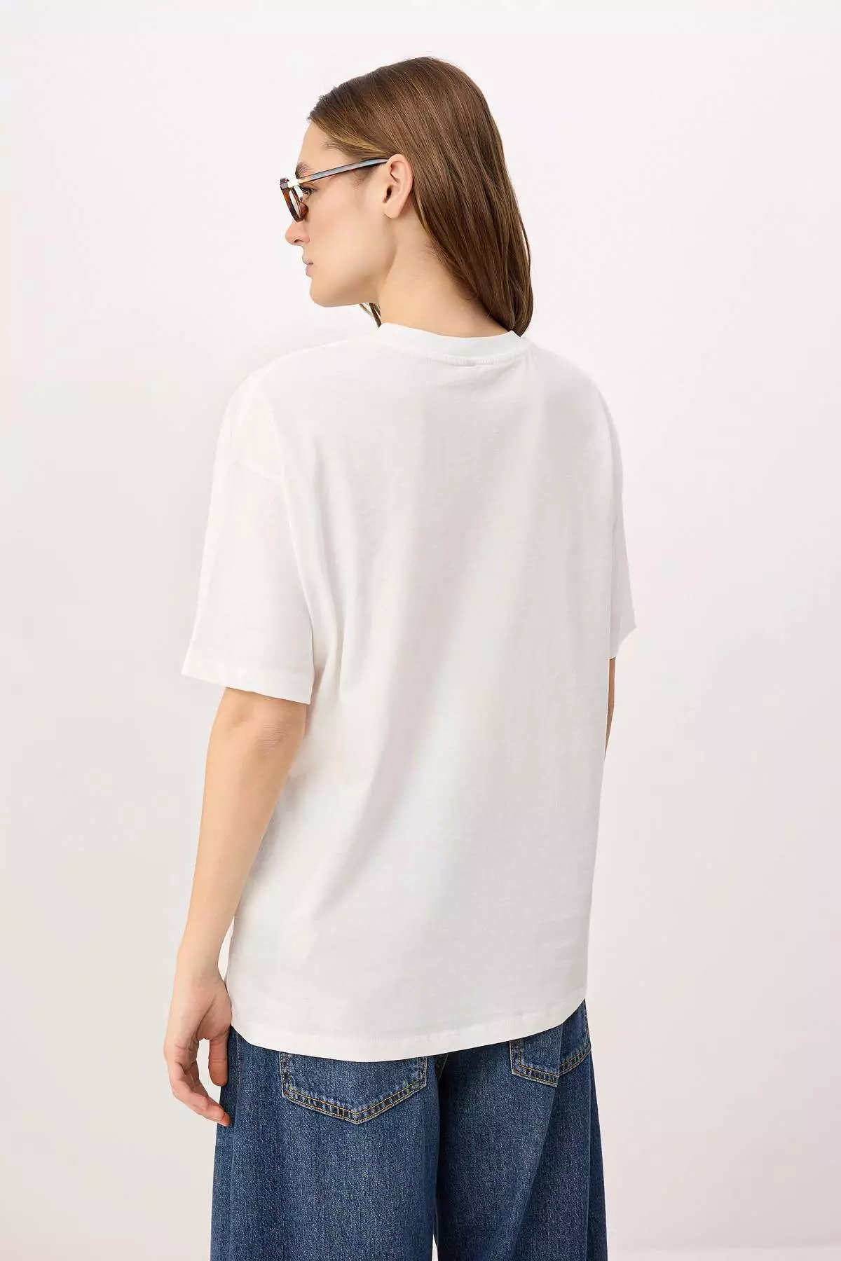 Ecru Printed Oversized Crew Neck Low Sleeve Short Long %1 Cotton Knitted T-Shirt Twoss26Ts211