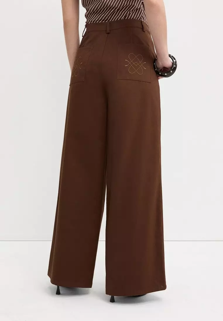 Wide Leg Cotton Twill Pants with Side Button Graphic Pockets - Brown
