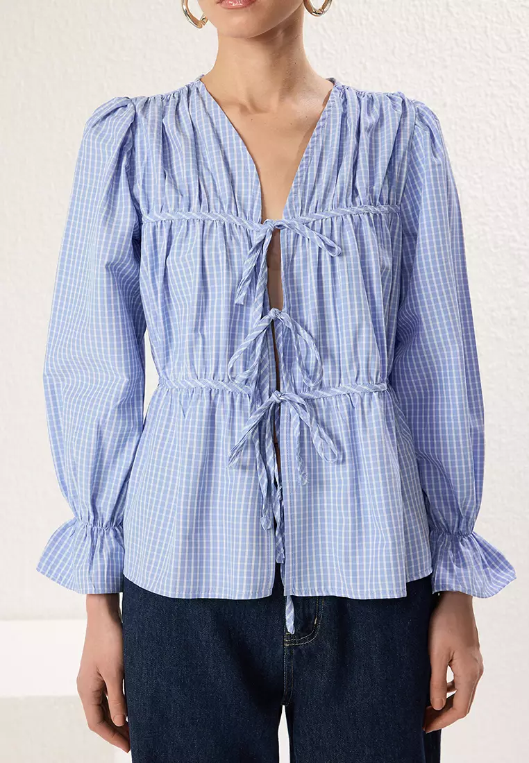 Blue Checkered V Neck Front Tie Detailed Woven Blouse